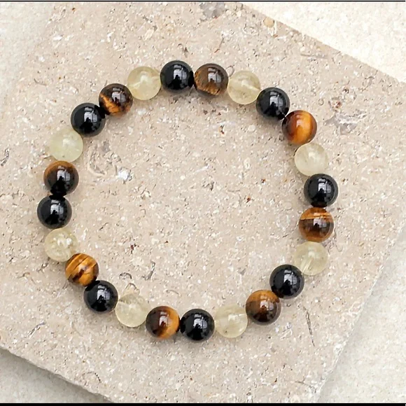 Mens Citrine, Tiger eye & tourmaline beaded Stretch bracelet Healing Meditation - Picture 2 of 2